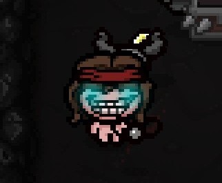 A screenshot of The Binding of Isaac Rebirth, showing the protagonist, Samson in this case, with a smug face and shining blue eyes.