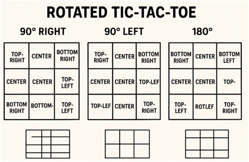 tic tac toe board rotated 3 ways with nonsense slop text labels