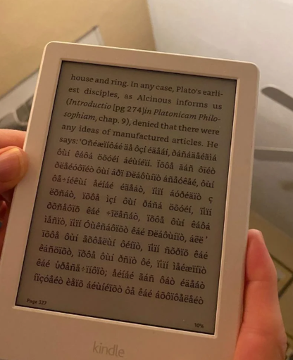 A kindle with broken text encoding.